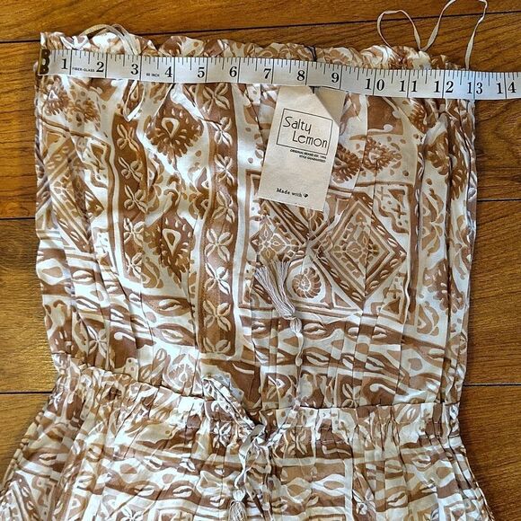 Salty Lemon Brown White Geometric Print Strapless Maxi Tiered Dress Large NWT - Picture 15 of 16